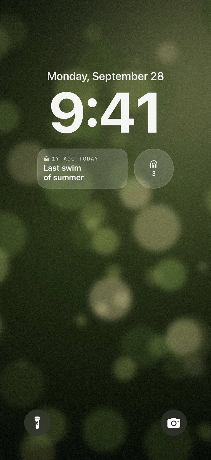 A Lock Screen with Everkept’s widgets: one year ago today, last swim of summer.